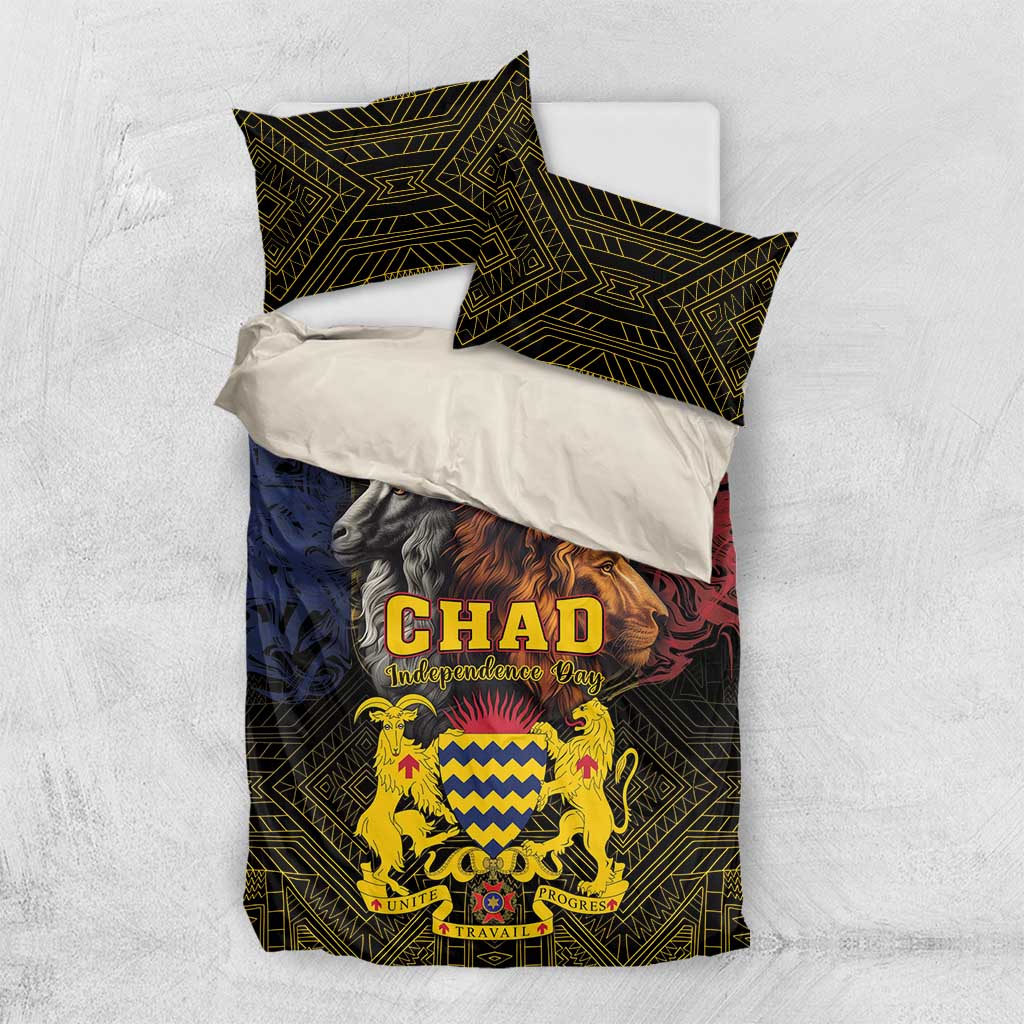 Bedding set flat lay with duvet and two pillowcases in dark green geometric pattern and CHAD crest