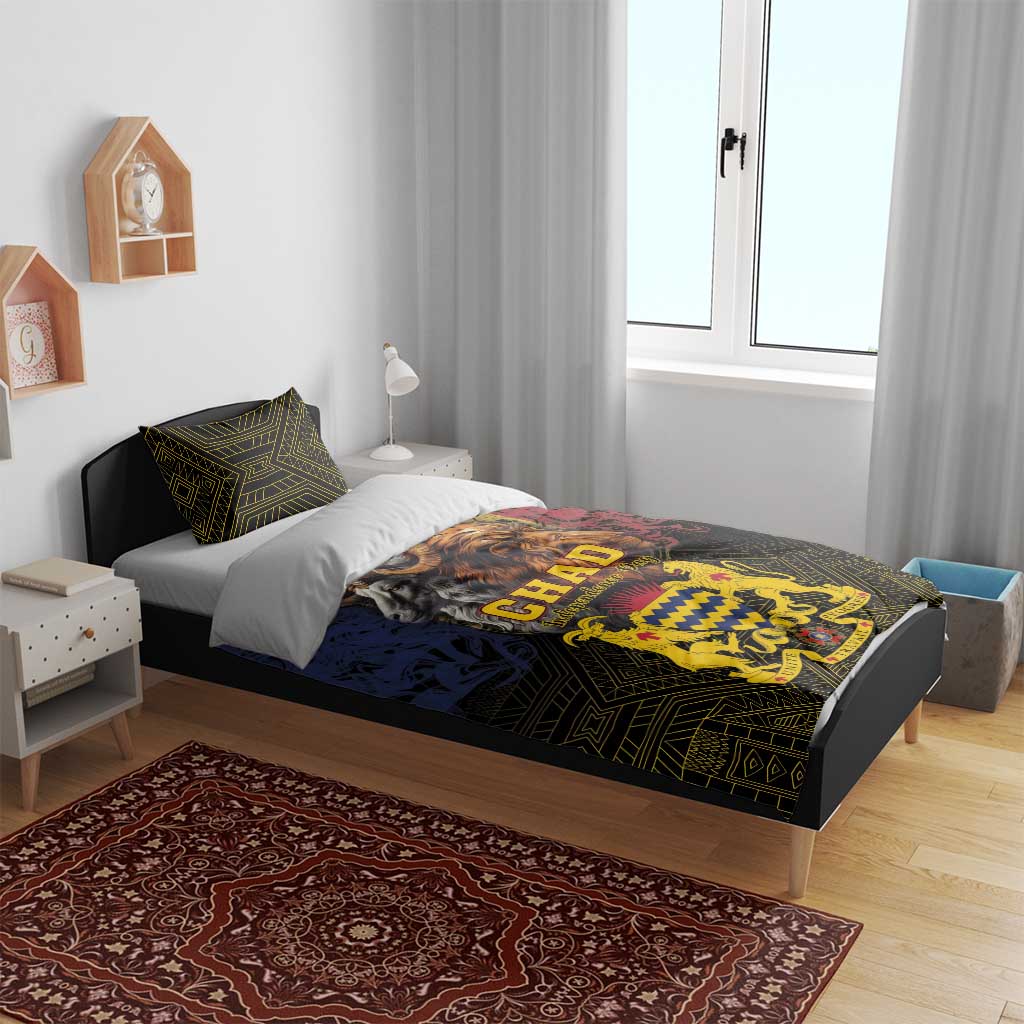 Bedding set on bed with dark green geometric duvet panel and centered CHAD crest in gold