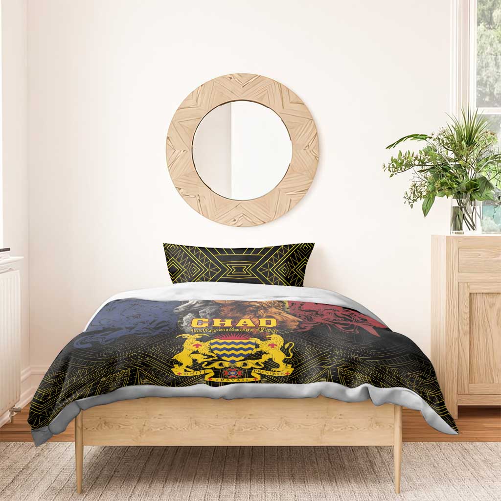 Bedding set duvet with CHAD crest centered, lion and goat artwork on dark green geometric background