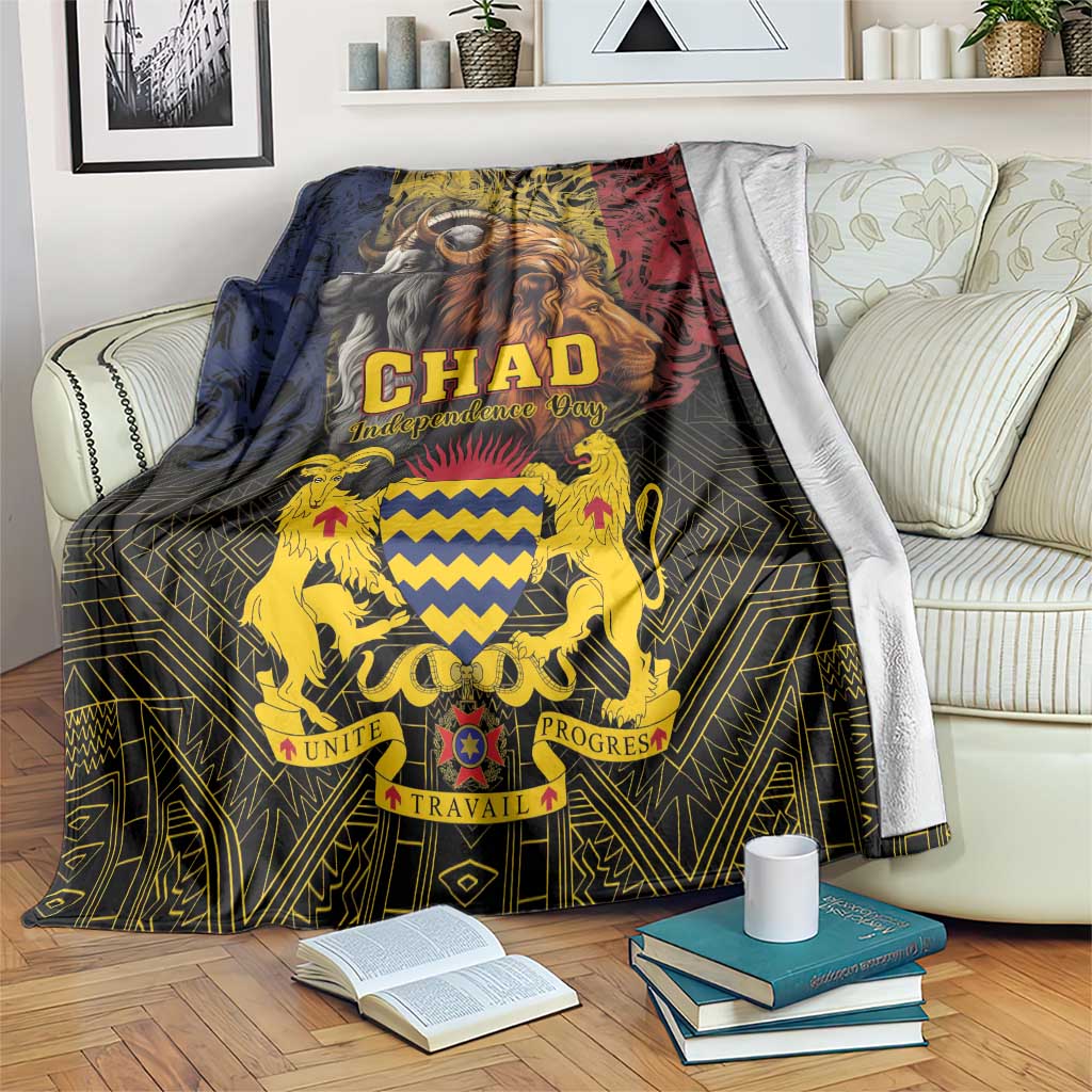 Black throw blanket with CHAD Independence Day graphic showing goat head, lion, and crest