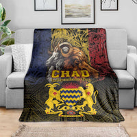 Black decorative blanket featuring CHAD Independence Day text, goat head, lion, and shield