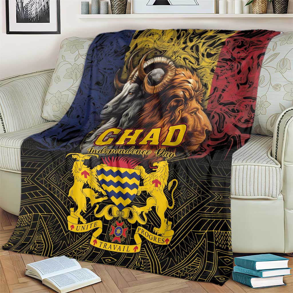 Black throw blanket with CHAD Independence Day emblem of goat head, lion, and colorful shield