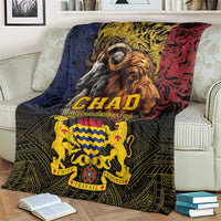 Black throw blanket with CHAD Independence Day emblem of goat head, lion, and colorful shield