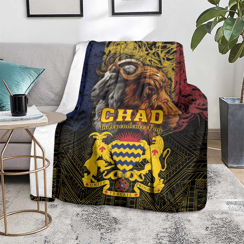 Black CHAD Independence Day blanket with lion and goat graphic, yellow details, and geometric trim