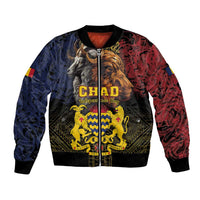 Unisex bomber jacket with front zip, black trim, goat and lion graphic African pattern