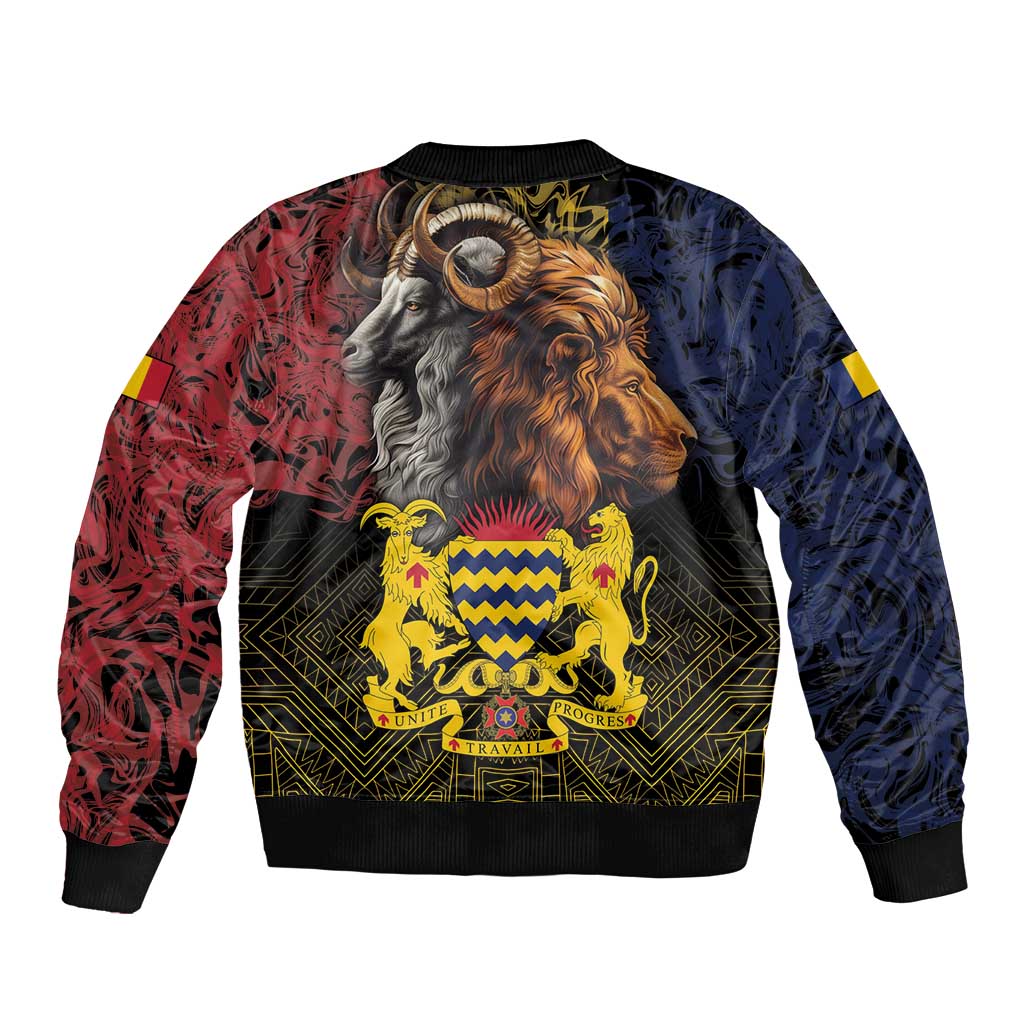 Unisex bomber jacket with front zip, lion and goat face graphic, yellow crest African pattern