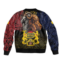 Unisex bomber jacket with front zip, lion and goat face graphic, yellow crest African pattern