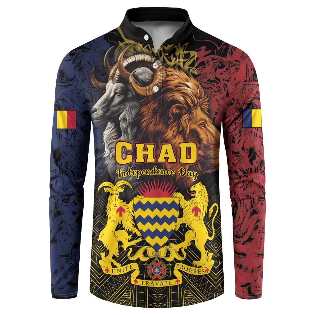 Black button sweatshirt with 'CHAD Independence Day' graphic; lion and ram in gold.
