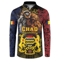 Black button sweatshirt with 'CHAD Independence Day' graphic; lion and ram in gold.