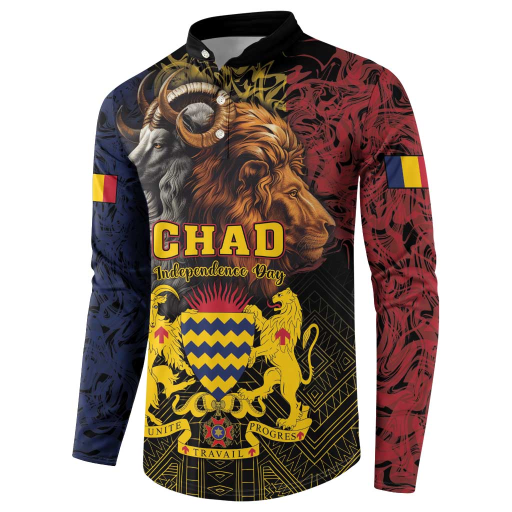 Black button sweatshirt with 'CHAD' and Independence Day text; lion and goat crest.