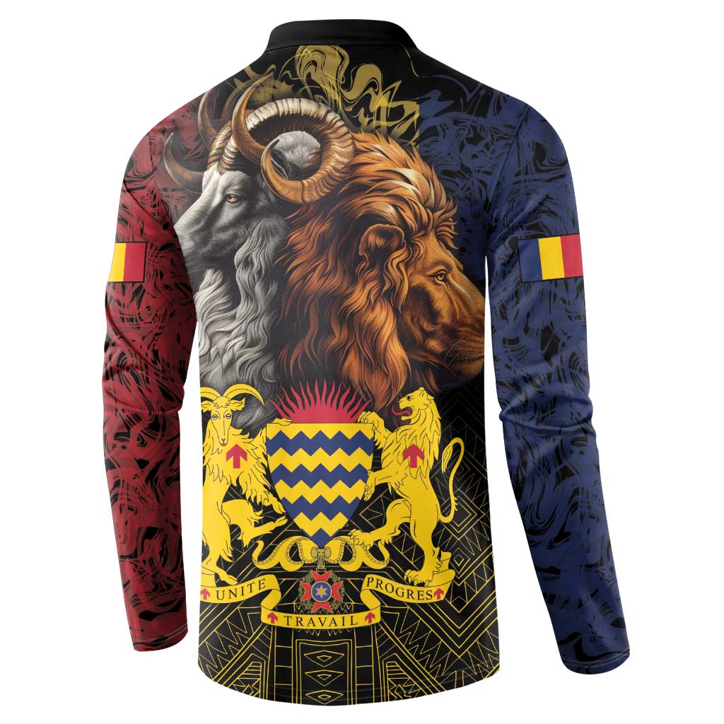 Black button sweatshirt with lion and gray animal crest; red/blue patterned back.