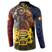 Black button sweatshirt with lion and gray animal crest; red/blue patterned back.