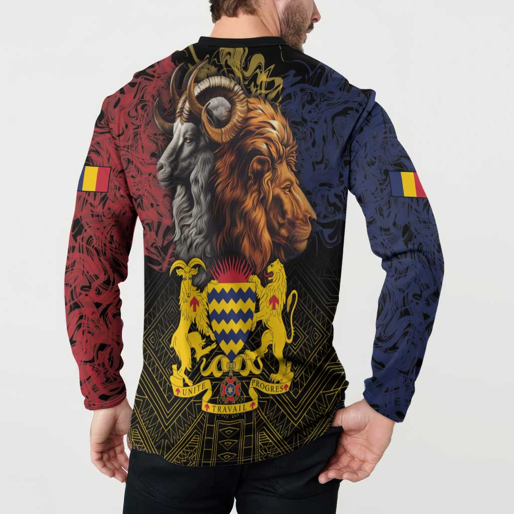 Black button sweatshirt with lion and gray ram crest; red/blue patterned back view.