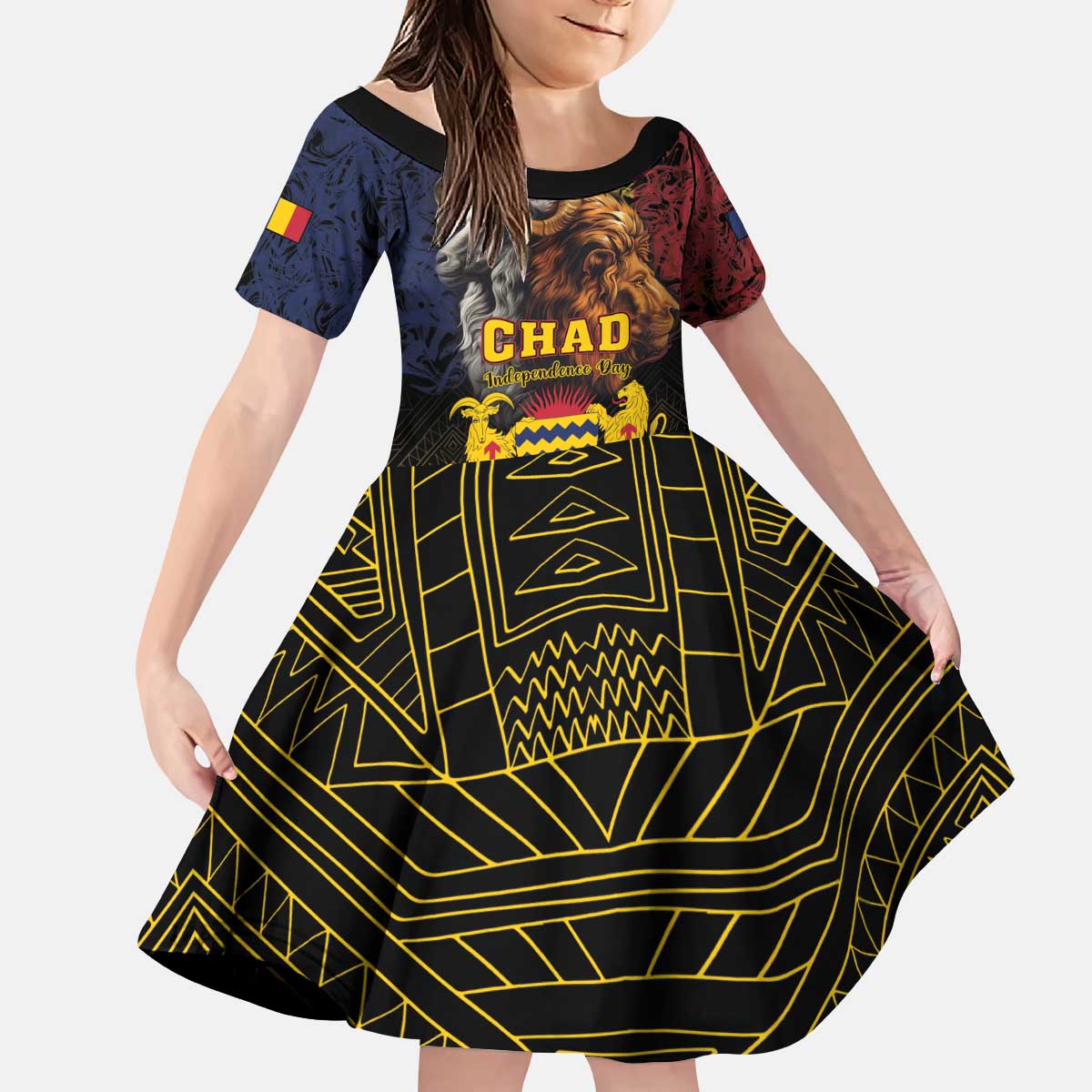 Chad Independence Day 1960 Kid Short Sleeve Dress Tchad Goat and Lion African Pattern - Wonder Print Shop