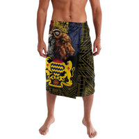 Knee-length African print sarong with lion-and-goat graphic, black and yellow