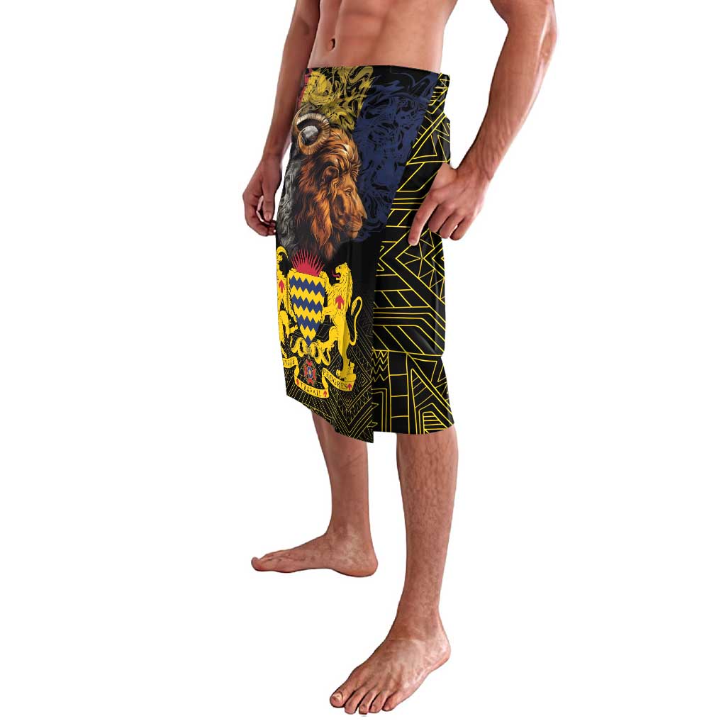 Knee-length African print sarong, lion and goat artwork with yellow geometric accents