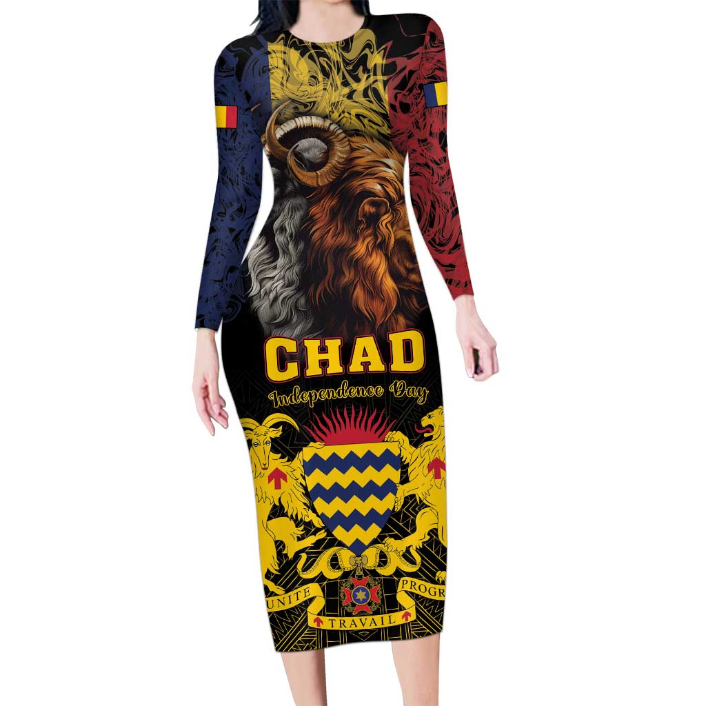 Chad Independence Day 1960 Long Sleeve Bodycon Dress Tchad Goat and Lion African Pattern - Wonder Print Shop