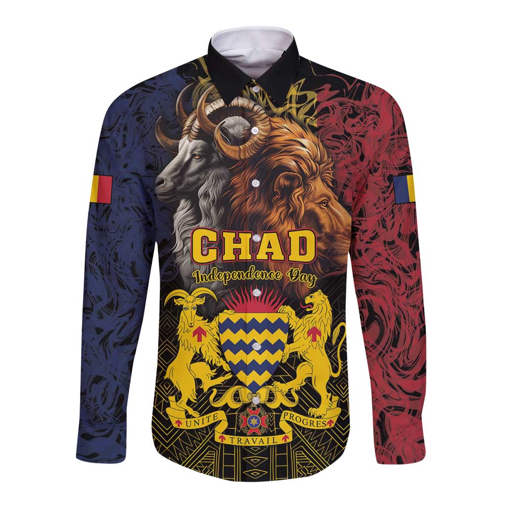 Black long-sleeve button shirt with colorful Chad Independence Day lion and goat graphic