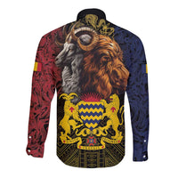 Black long-sleeve button shirt with multicolor African crest lion and goat graphic on back