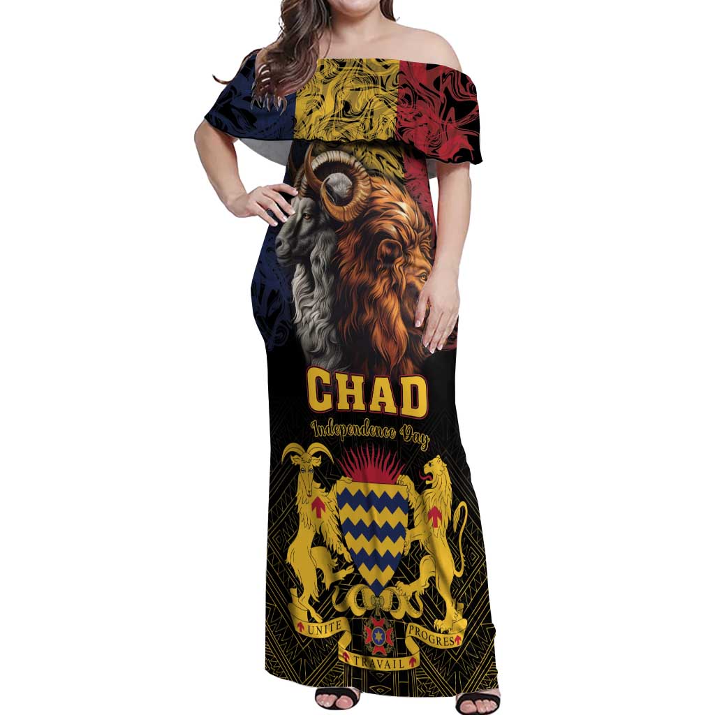 Chad Independence Day 1960 Off Shoulder Maxi Dress Tchad Goat and Lion African Pattern - Wonder Print Shop