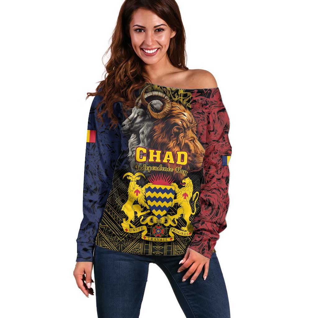 Chad Independence Day 1960 Off Shoulder Sweater Tchad Goat and Lion African Pattern - Wonder Print Shop