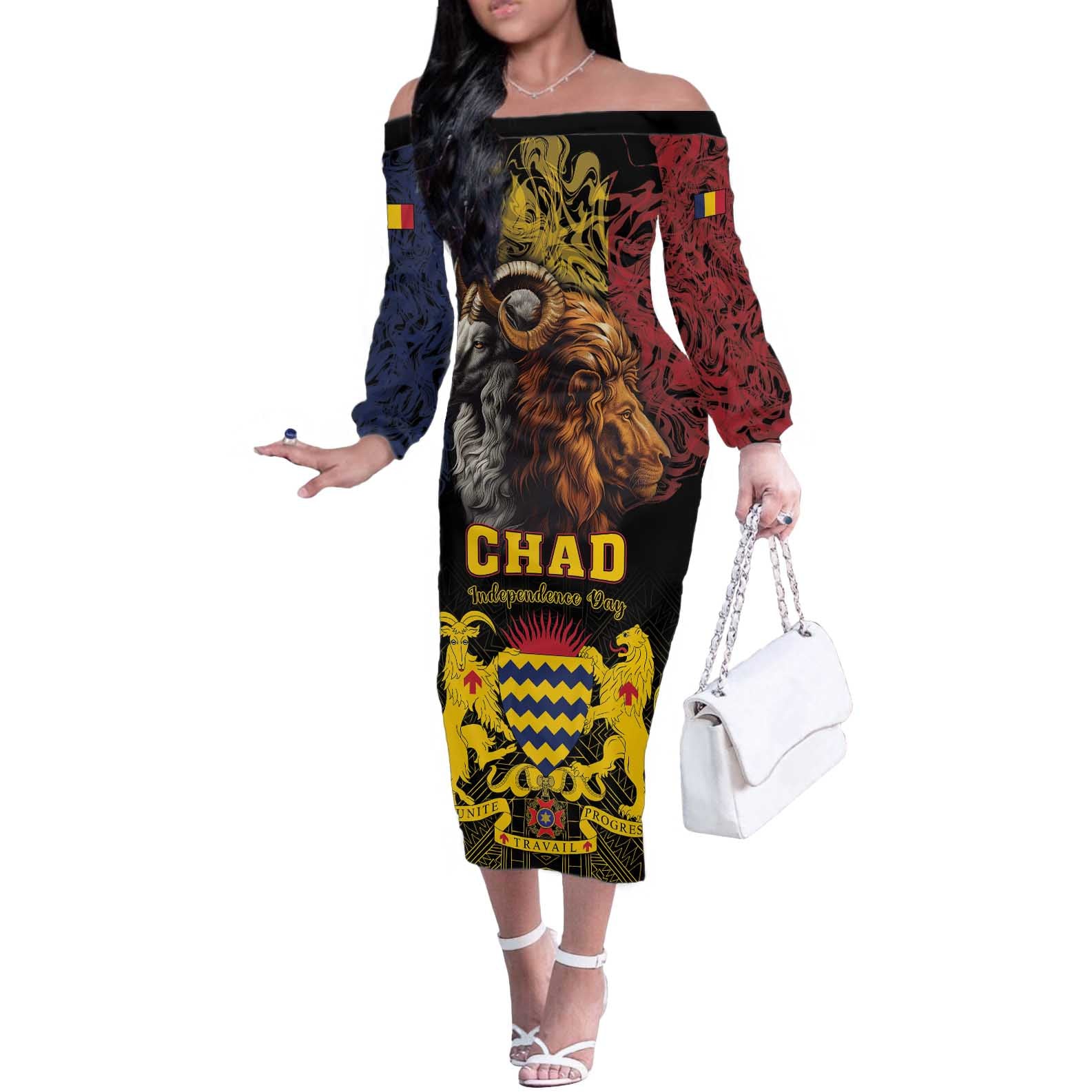 Chad Independence Day 1960 Off The Shoulder Long Sleeve Dress Tchad Goat and Lion African Pattern - Wonder Print Shop