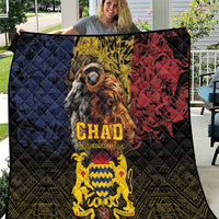 Chad-themed quilt with lion and goat faces, CHAD text, blue yellow red flag panels
