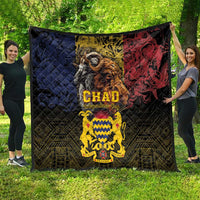 Chad-themed quilt spread outdoors with lion and goat portraits, CHAD text, red blue panels