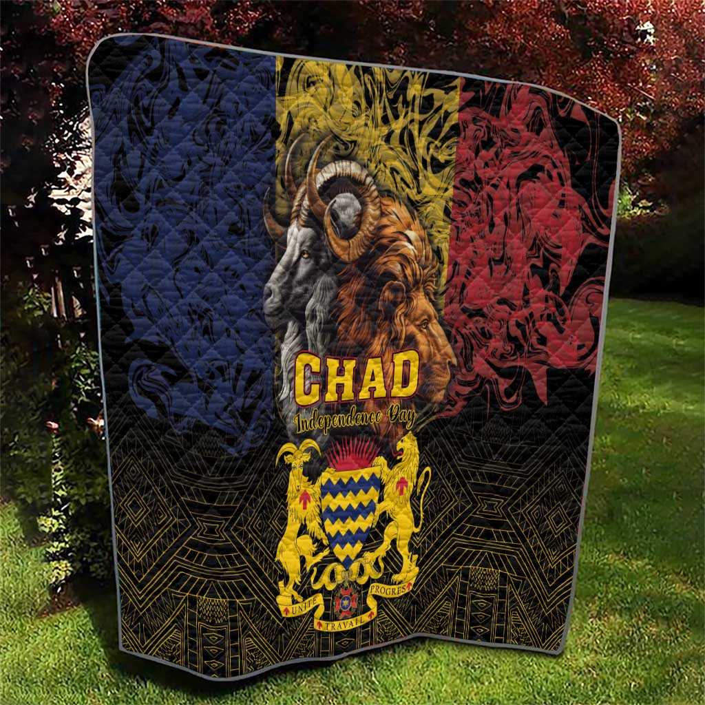 Chad-themed throw quilt showing lion and goat artwork, CHAD emblem, blue yellow red split
