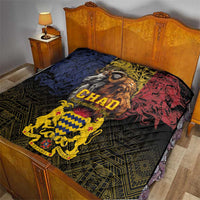 Chad-themed quilt with lion and goat portraits, CHAD lettering, geometric black trim