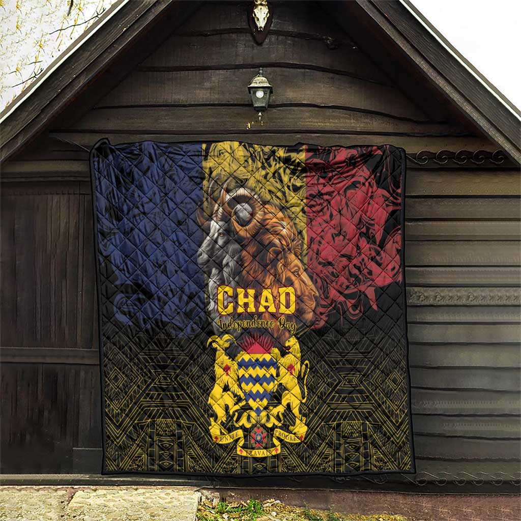Chad-themed quilt hanging display with lion and goat artwork, CHAD text, red and blue