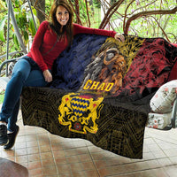 Chad-themed quilt with lion and goat faces, CHAD lettering, yellow crest on black