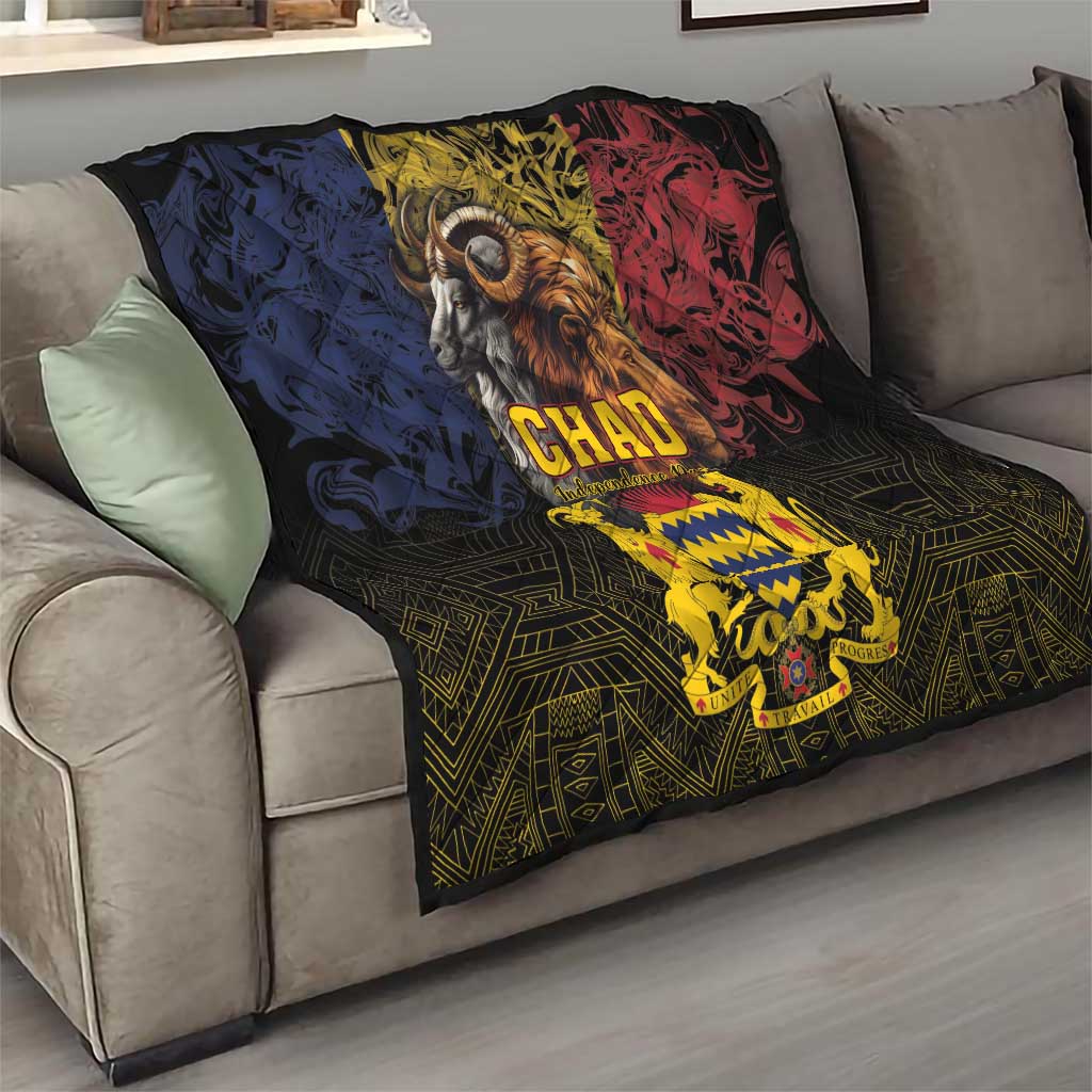 Chad-themed quilt with lion and goat artwork, CHAD text, blue red blocks and gold crest