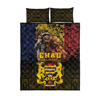 Chad quilt bed set with lion and goat center art, blue red panels, black geometric border, 2 pillows