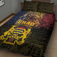 Chad quilt bed set with lion and goat portrait, blue red blocks, black geometric pattern, 2 pillows