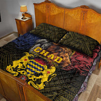 Chad quilt bed set with lion and goat artwork, yellow red and blue fields, black geometric pattern