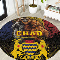 Round carpet with lion and goat graphics, CHAD Independence Day text, multicolor pattern