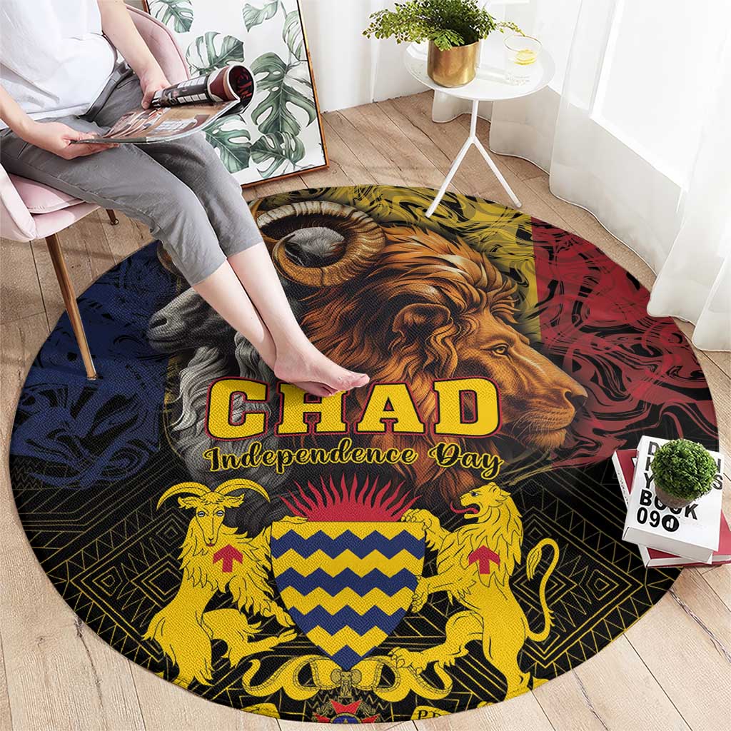 Round carpet featuring a lion head and shield graphic, CHAD Independence Day text, multicolor