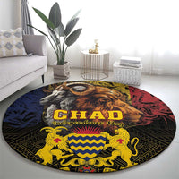 Round carpet with lion face centered, goat figures, CHAD Independence Day lettering, multicolor