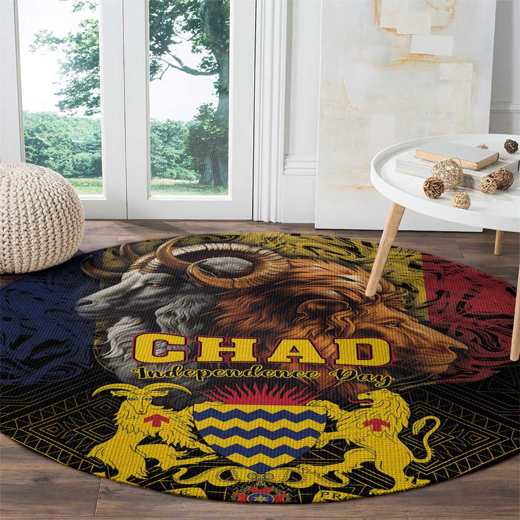 Round carpet with lion-and-goat emblem and chevron shield, CHAD Independence Day text