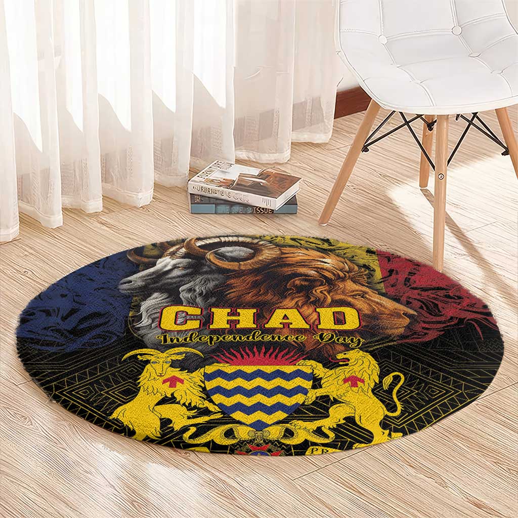 Round carpet with CHAD Independence Day text, blue-yellow chevron shield, lion and goat art