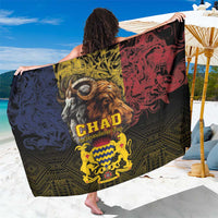 Black sarong with Chad emblem and lion and goat animal print, bordered geometric pattern