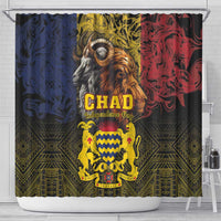 Black shower curtain with hanging rod, Chad crest in gold, lion and ram, blue red side panels