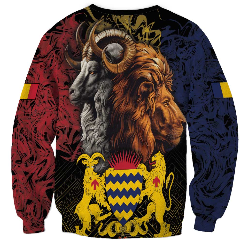 Unisex crewneck sweatshirt with lion and ram portraits, CHAD Independence Day lettering