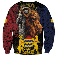 Unisex crewneck sweatshirt with lion and ram portraits, CHAD Independence Day lettering