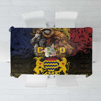 African lion and goat themed tablecloth, dark base with red, yellow, green pattern