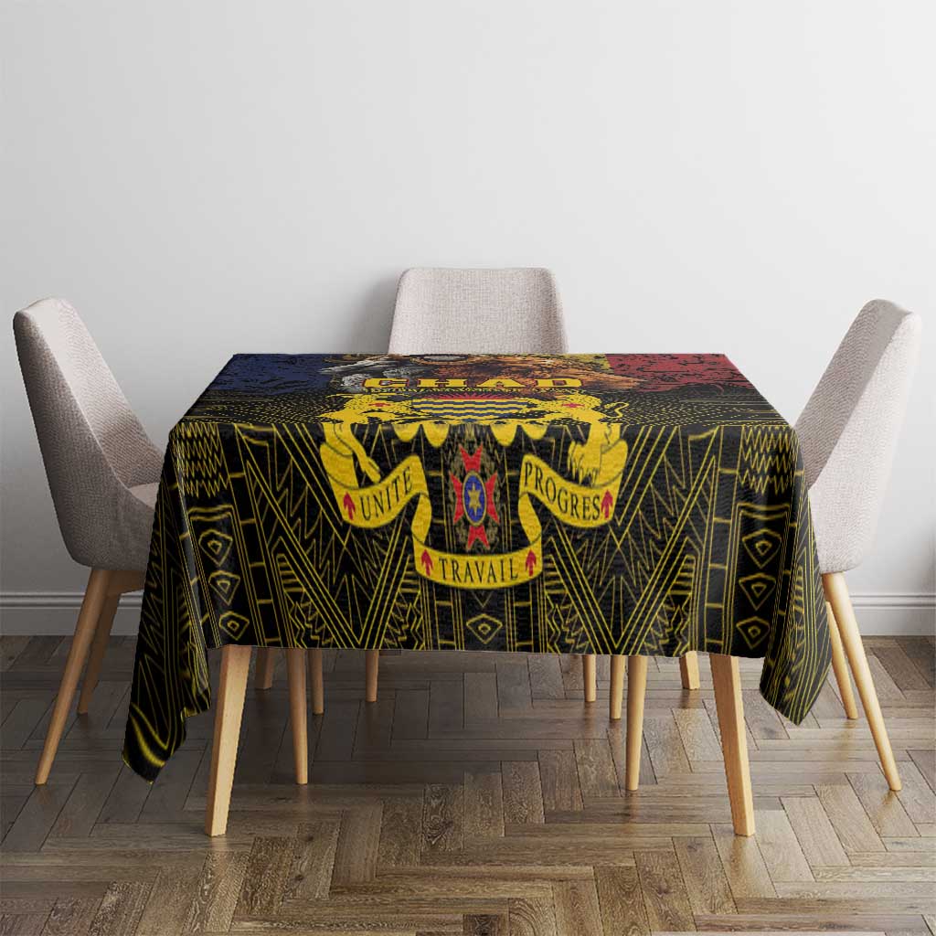 African patterned tablecloth with central crest, draped over square dining table