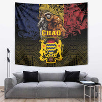African wall tapestry with lion and goat, 'CHAD' and Independence Day text in yellow, red