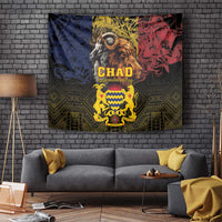 African wall tapestry showing 'CHAD' emblem with lion and goat, bold yellow and red