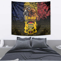 Wall tapestry with lion and goat crest and 'CHAD' text, yellow, red, and dark blue